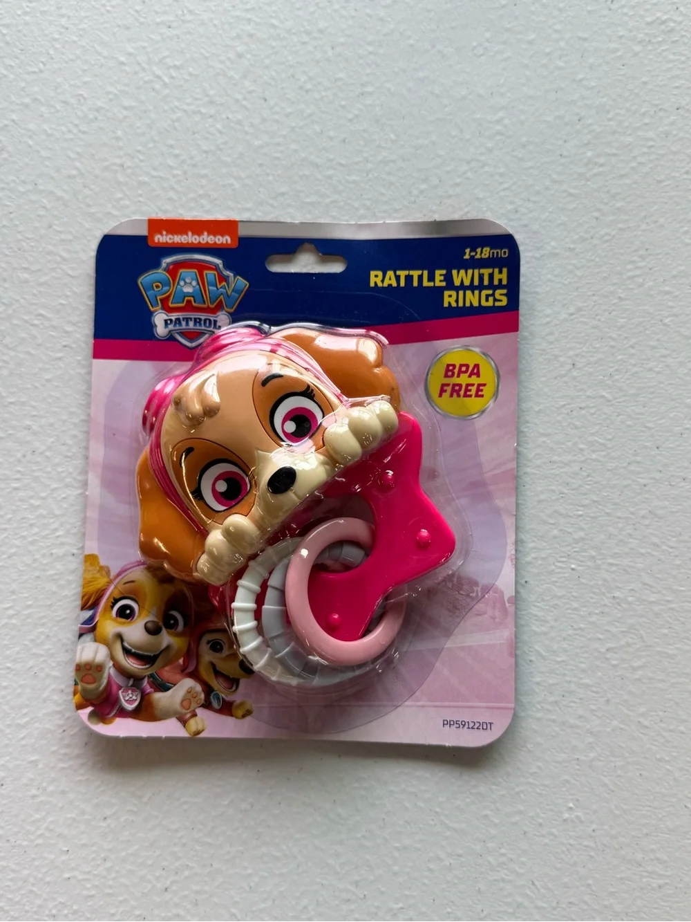 Paw Patrol Rattle with Rings - Pink, Blue & Yellow Packaging